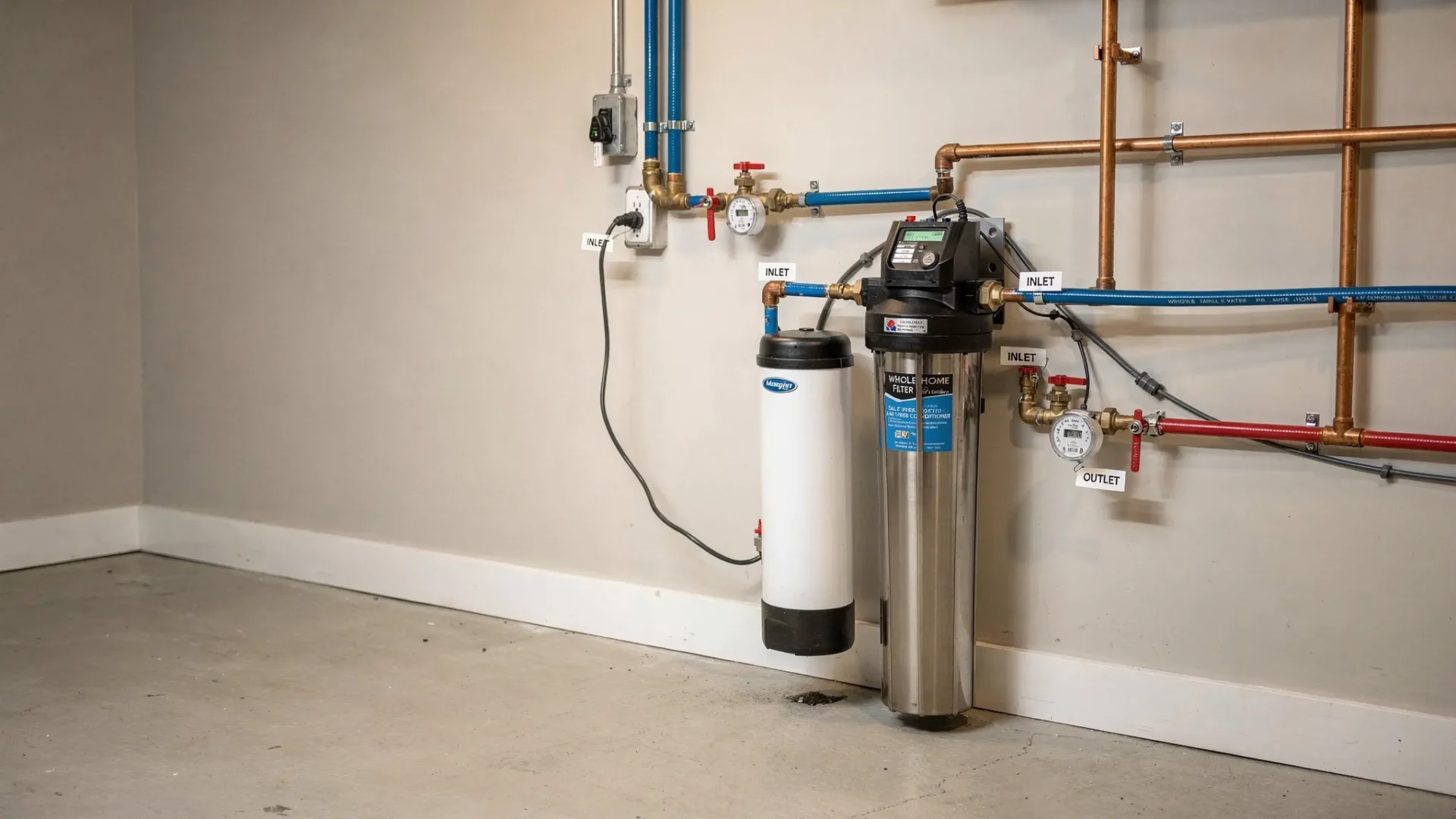 A Kingston family home plumbing setup showing a whole-home filtration and salt-free conditioning unit installed on the main water line near the water meter, with clearly labelled inlet/outlet pipes and a clean, professional basement utility room.