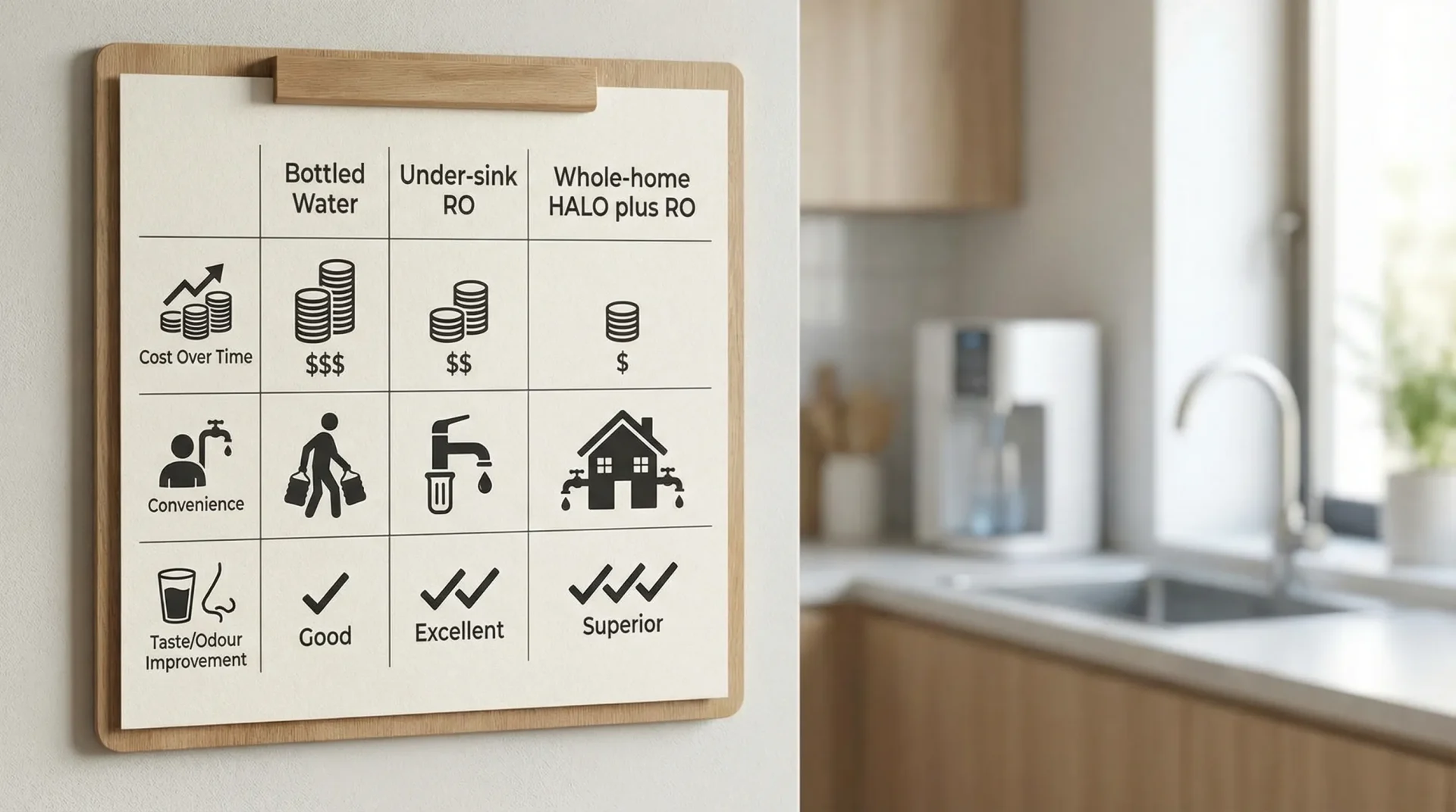 A simple comparison chart showing three columns labeled Bottled Water, Under-sink RO, and Whole-home HALO plus RO, with icons for cost over time, convenience, and taste/odour improvement, designed for homeowners to scan quickly.