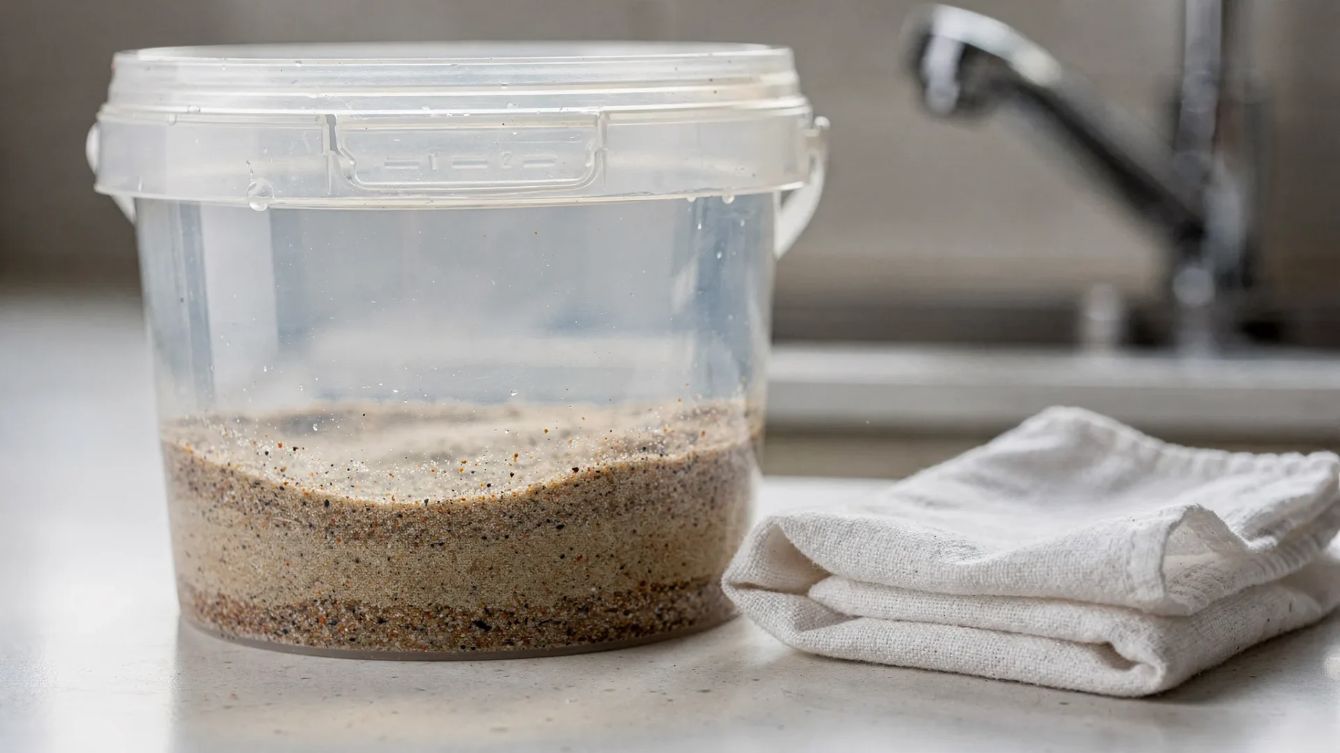 A close-up of a clear bucket filled with tap water showing visible sand-like sediment settled at the bottom, with a white cloth filter beside it and a faucet in the background.