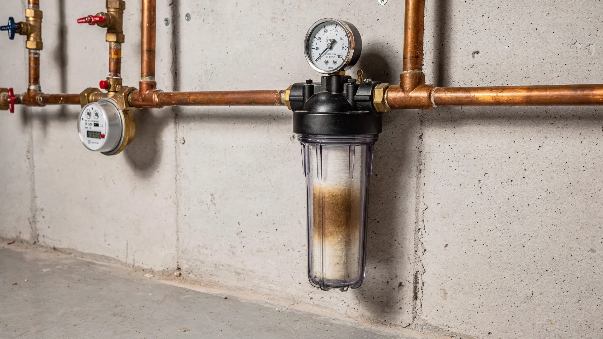 A simple home plumbing scene showing a whole-home sediment filter installed on the main water line near a water meter, with clear filter housing and a pressure gauge.