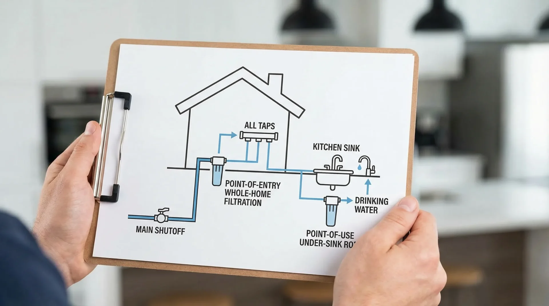A simple illustration of a home’s water system showing where point-of-entry whole-home filtration installs (near the main shutoff) and where point-of-use under-sink RO installs (at the kitchen sink), with labelled arrows for “all taps” vs “drinking water.”