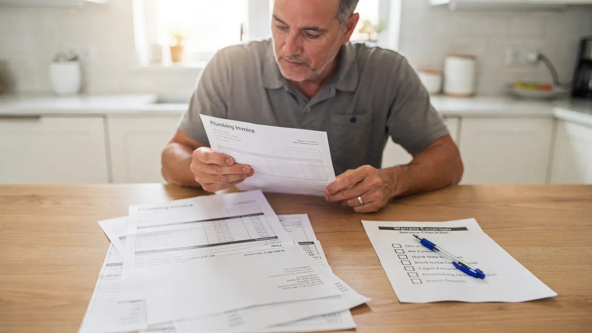A homeowner at a kitchen table with a printed plumbing invoice and warranty sheet, a pen and simple checklist beside it, reviewing coverage details before booking service.