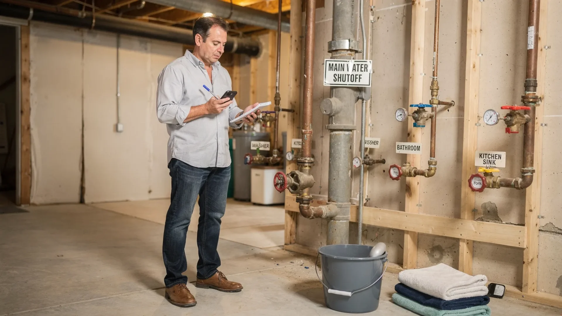 A homeowner standing in a basement utility area holding a phone and a small notepad, with clearly visible main water shutoff valve and labelled fixture shutoff valves nearby, plus a bucket and towels set out for containment.