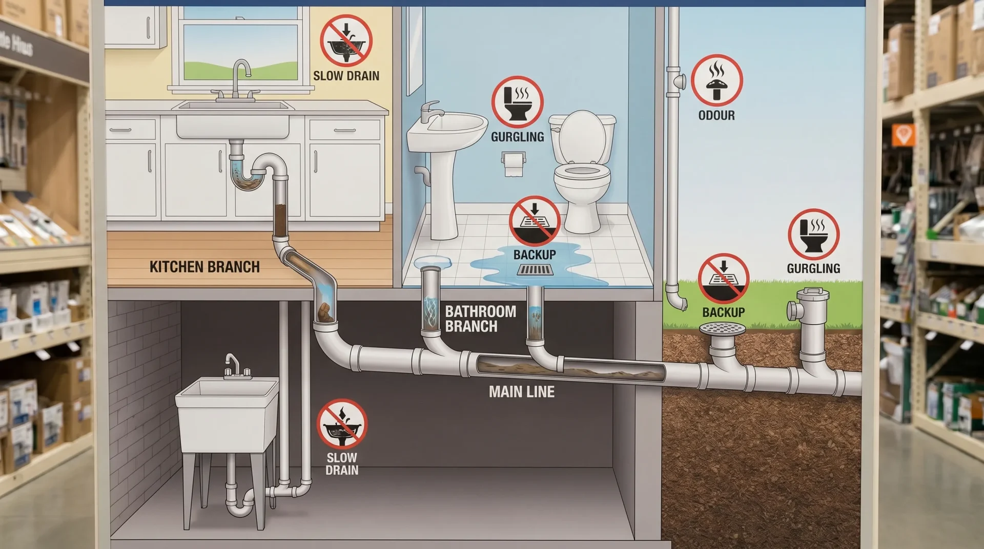 A simple cutaway illustration of a house drain system showing a kitchen branch, bathroom branch, and main line, with icons marking seven warning signs like slow drain, gurgling, odour, and backup at a floor drain.