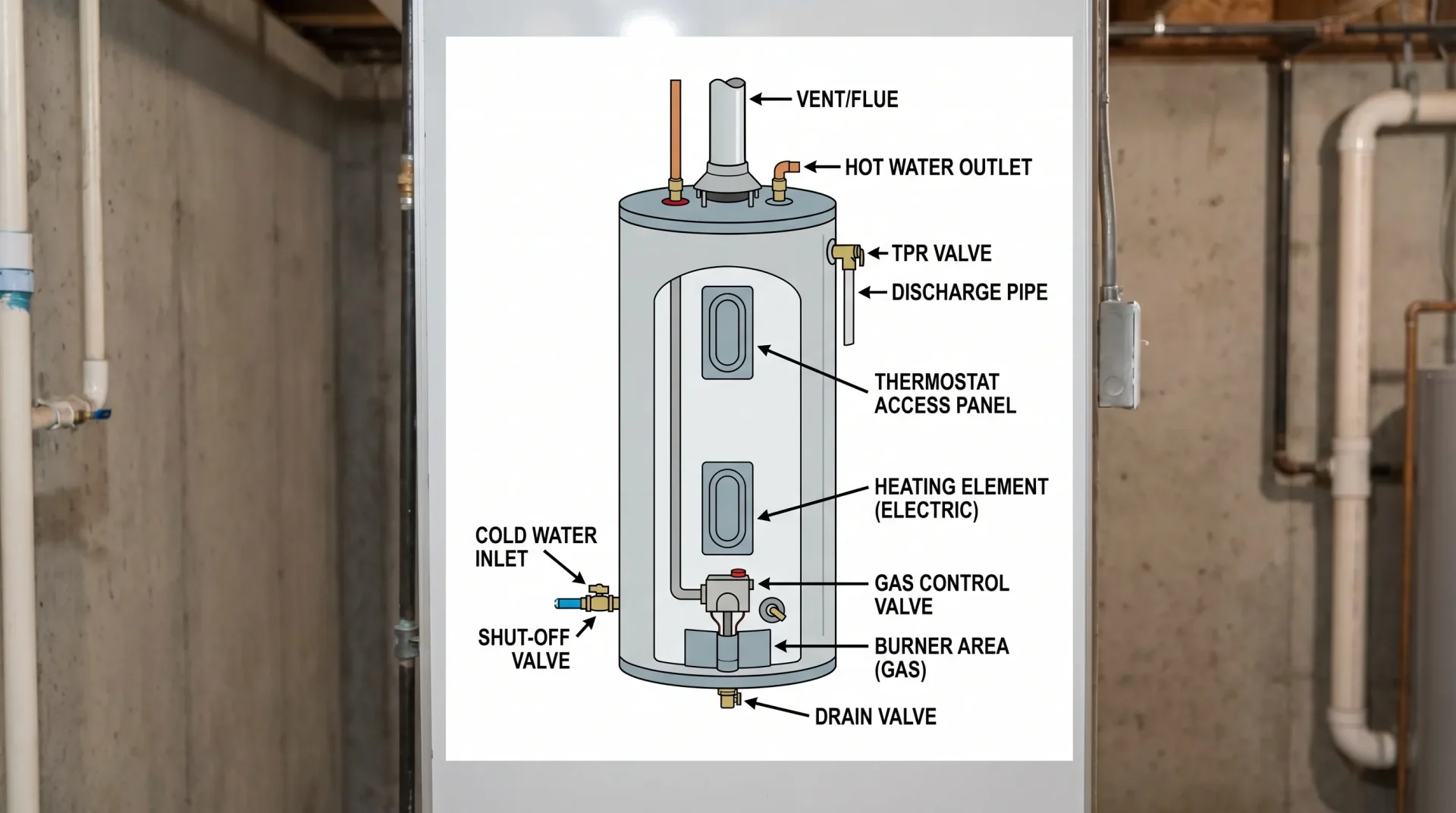 A simple labelled diagram of a residential hot water tank showing key parts: cold water inlet with shut-off valve, hot water outlet, temperature and pressure relief (TPR) valve with discharge pipe, drain valve, thermostat access panel, heating element location (for electric), gas control valve and burner area (for gas), and vent/flue at the top.