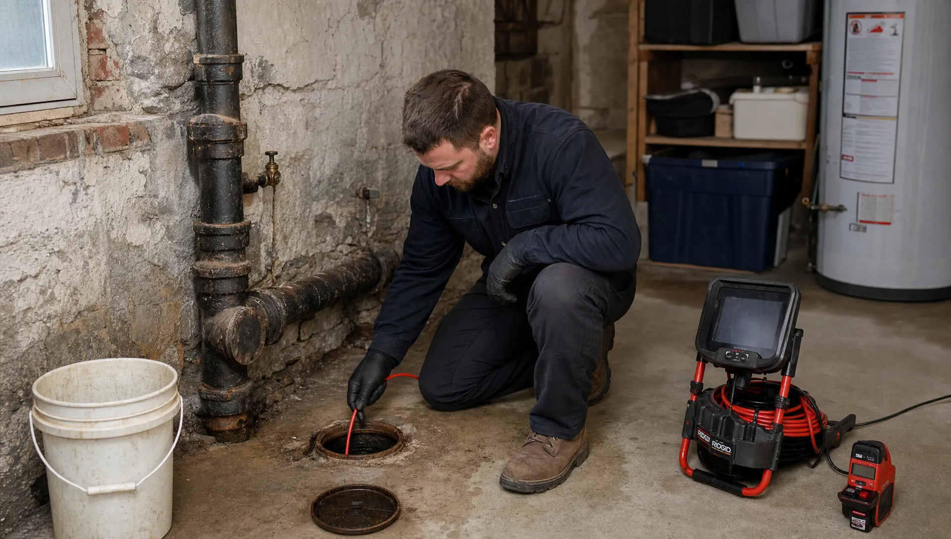 A drain technician examining an open basement cleanout in a Kingston home, with inspection tools beside the pipe, a bucket on the floor, and older cast iron drainage visible along the wall.