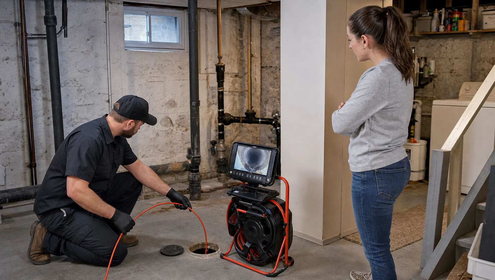 A licensed plumber feeds a sewer camera into an open basement cleanout while a homeowner stands back and watches an inspection monitor, with exposed drain piping and older home details in the background.