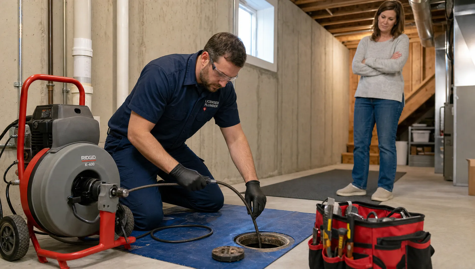 A licensed plumber kneels beside an open residential cleanout in a Kingston basement, with drain cleaning equipment nearby and a homeowner standing back at a safe distance. The scene shows floor protection, a tidy work area, and clear access to the drain line.