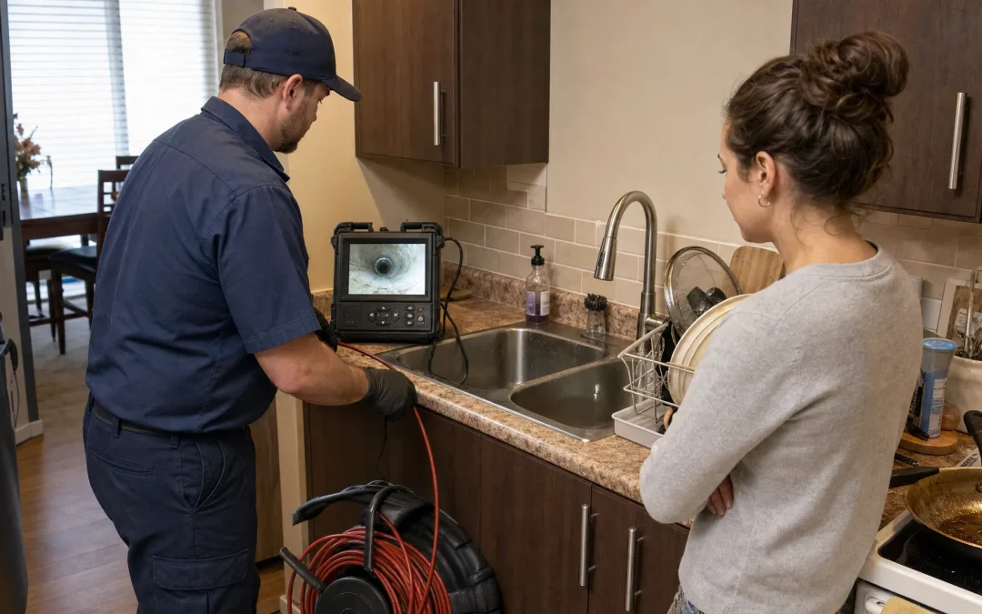 A drain technician and homeowner inspect a greasy kitchen sink line during a routine check in a Kingston home.