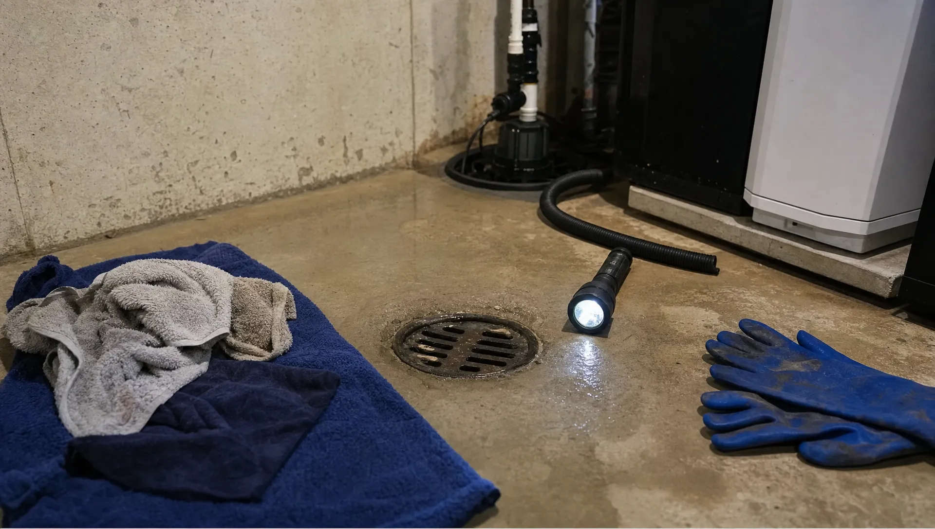 A Kingston basement floor drain area with towels, gloves and a flashlight nearby while the homeowner waits for emergency drain service.
