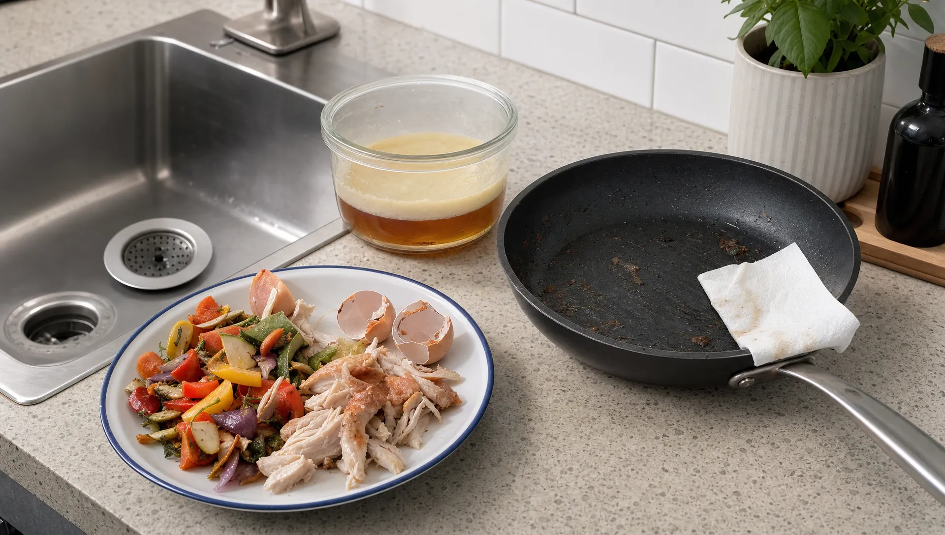 A kitchen counter shows a sink strainer, cooled grease container, wiped frying pan and separated food scraps before washing.