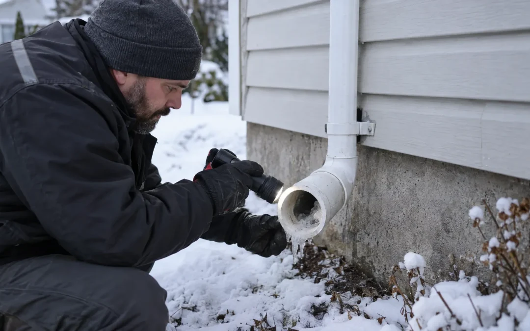 A drain specialist checks an ice-blocked sump discharge outlet during an emergency service visit.