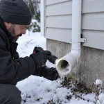 A drain specialist checks an ice-blocked sump discharge outlet during an emergency service visit.