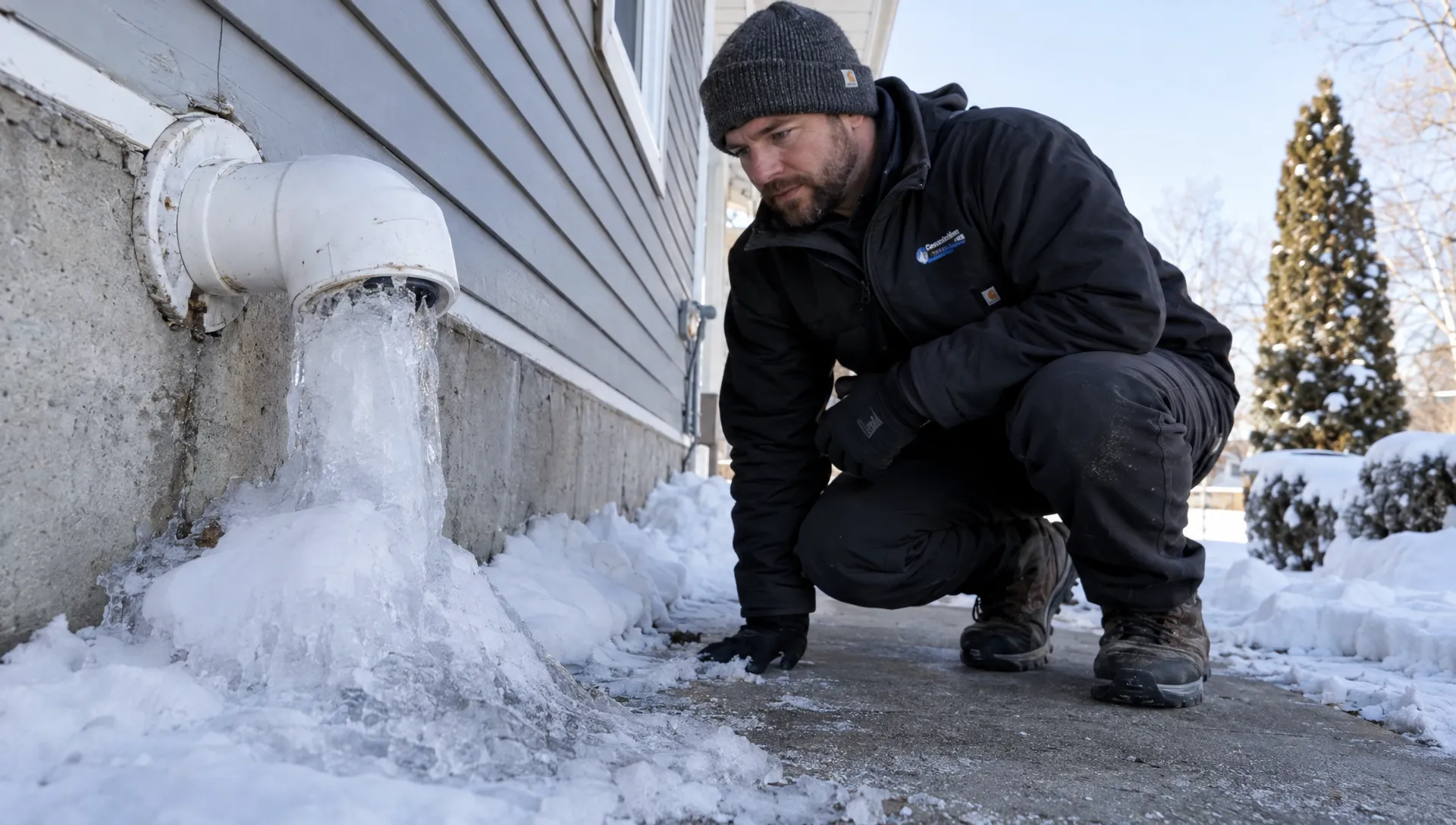 A drain specialist examines an ice-blocked sump discharge outlet beside a home's snowy foundation.