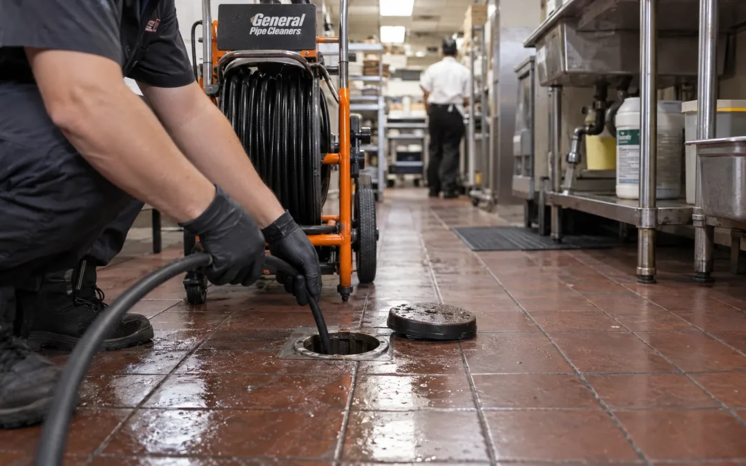 A drain specialist feeds a jetting hose into a restaurant cleanout to remove buildup from a kitchen line.
