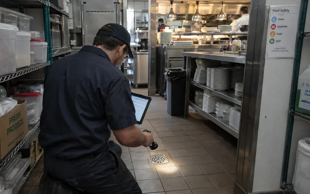 A facilities worker records a commercial kitchen drain access point during a planned maintenance check.