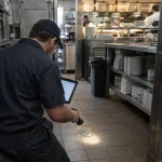 A facilities worker records a commercial kitchen drain access point during a planned maintenance check.