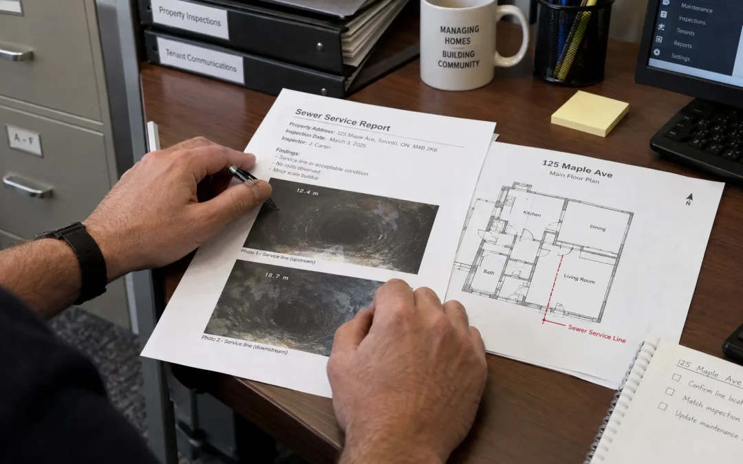 A landlord matches sewer inspection stills to a service report and building floor plan to keep main sewer line cleaning records organised.