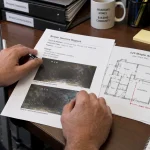 A landlord matches sewer inspection stills to a service report and building floor plan to keep main sewer line cleaning records organised.