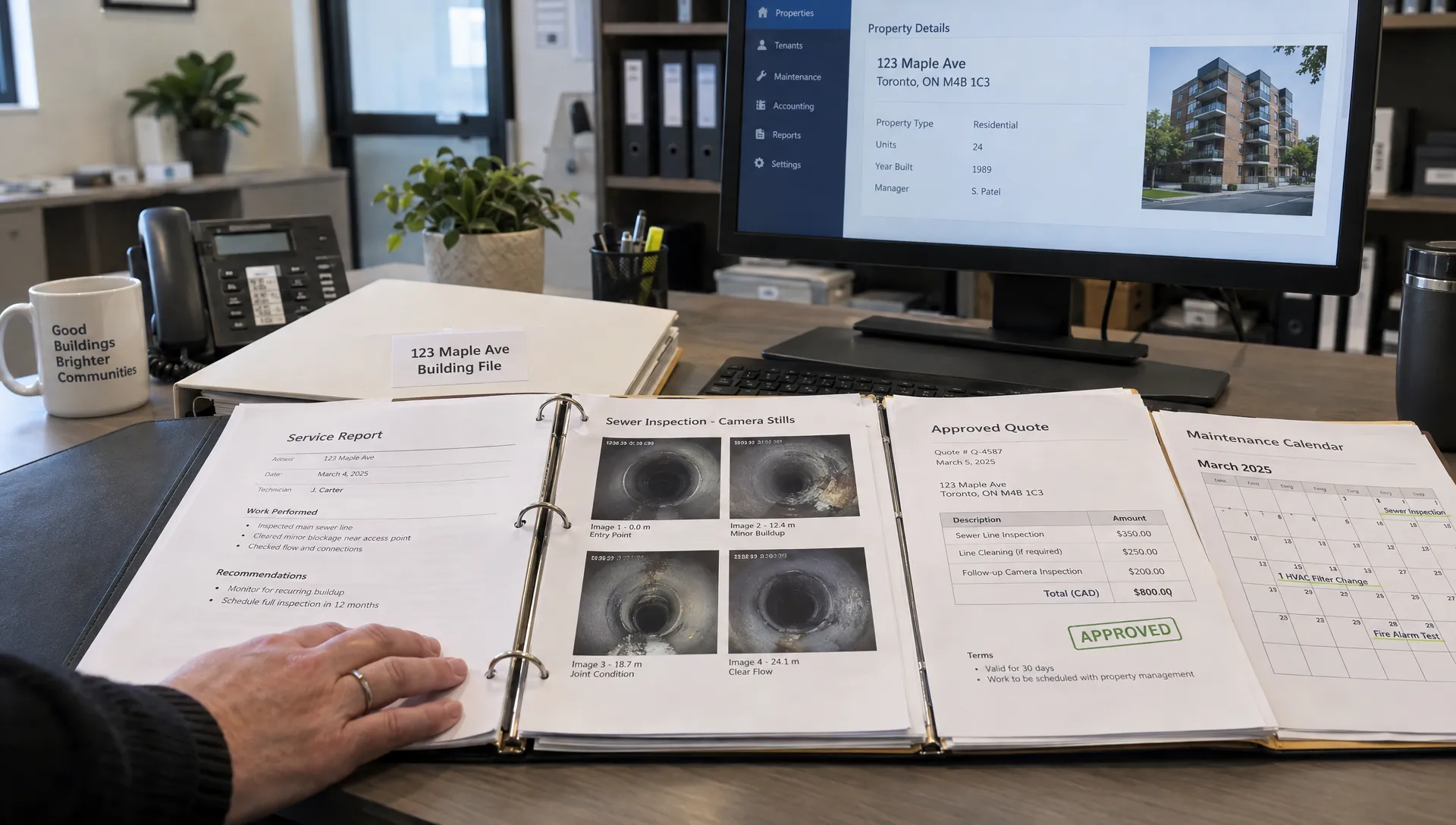 A property manager checks sewer inspection stills, an approved quote and a service report against a rental building’s maintenance calendar.