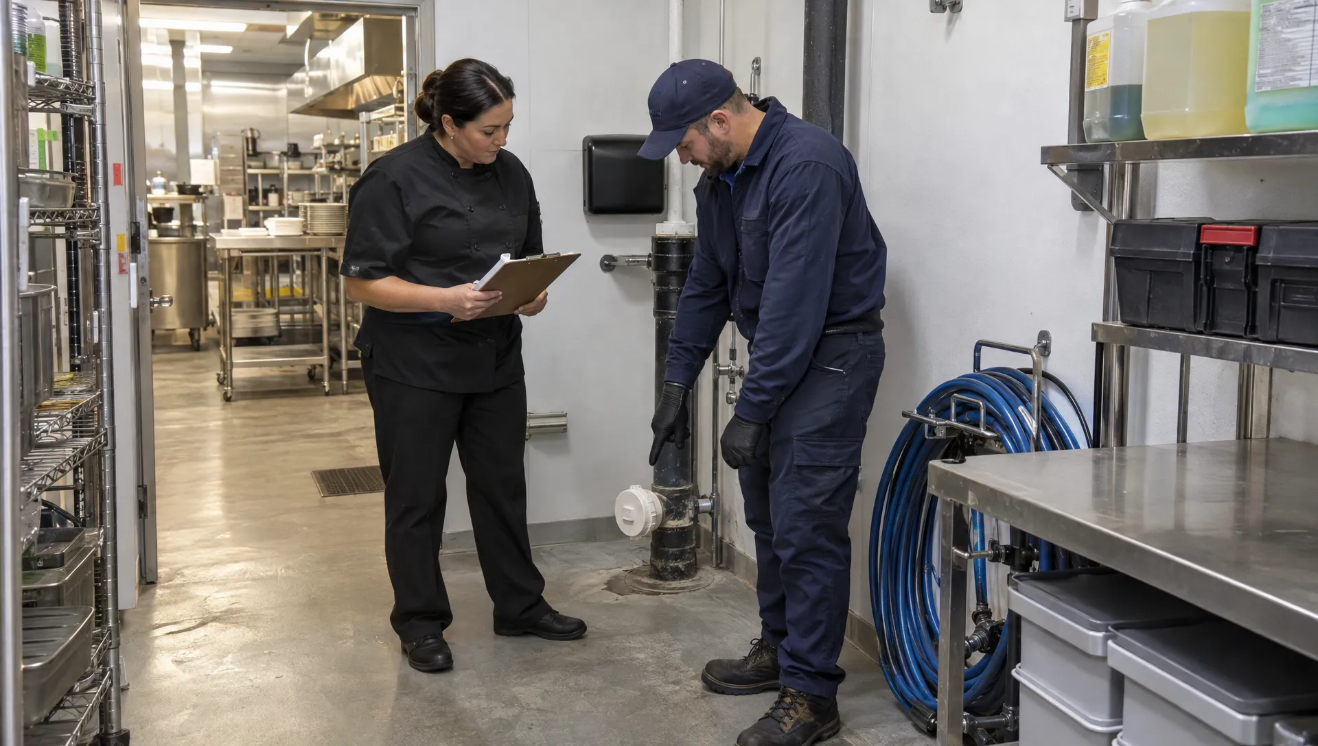 A restaurant manager and drain specialist review a service log beside a cleanout before scheduling kitchen line jetting.